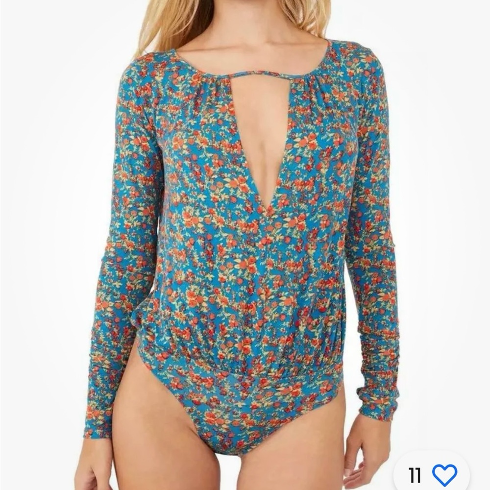 Intimately Free People Bodysuit Sz Small Kaya Blue Floral Keyhole Long Sleeve